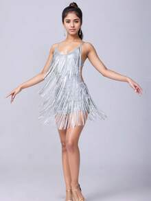 Fashionable Latin Style Halter Backless Jumpsuit Dance Costume: Embellished With Tassels, Suitable For Dance Competitions And Festival Performances - Silver - View 7