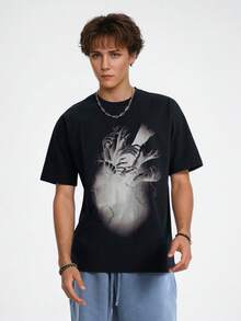 男士夏季手形图案黑色 T 恤 - 黑色 - 查看 4