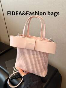 时尚女士水桶手提包，全新纯色 PU，波浪条纹和蝴蝶结装饰，磁扣，可调节肩带，大容量，适合旅行、购物、约会 - 优雅钱包