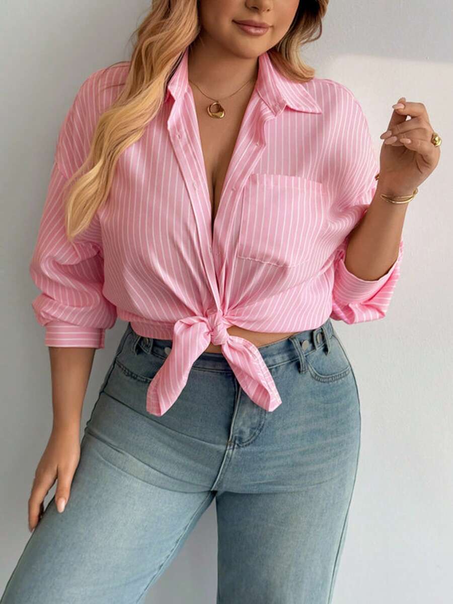 PoPoHouse Women's Plus-Size Shirt Spring Summer Casual Office Commuting Striped Solid Color Front Buckle Long-Sleeved Plus-Size Shirt - Pink - View 1