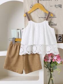 Bộ 2 món áo hai dây ren khoét rỗng phong cách Boho cho bé gái và quần short thường ngày, hoàn hảo cho chuyến đi chơi mùa hè, tiệc tùng, mặc hàng ngày - trắng - Xem 2