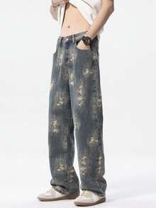 1 件复古做旧提花直筒牛仔裤，复古蓝色男式长裤