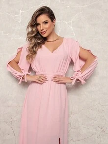 FASHION MIX PREMIUM Elegant Long Dress With Slit Long Sleeves With Tie With V-Neckline And Waist Adjustment Plus Size Women's Fits 38 To 44 - 淺粉色 - 查看 6