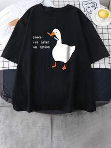 YUNCHIC - Men's Loose Letter Print T-Shirt, Creative Duck Pattern, Casual Comfortable Regular Fit Crew Neck Tee Shirt, Perfect Men's Top For Daily Wear, Fashionable & Breathable, Suitable For Casual Outings And Home - Black - View 2