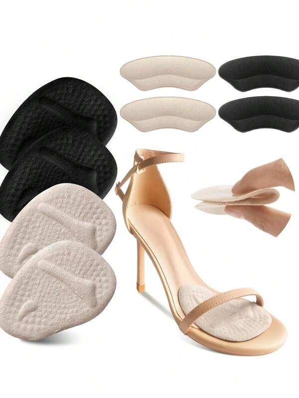 4Pairs Metatarsal Pads, Ball Of Foot Cushions, Heel Pads Inserts For Too Big Shoe, Reduce Foot Pain, No Slip Heel Grips Liners Pads For Loose Shoe, Blisters (Beige+Black)