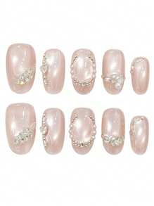 10pcs Summer Sweet Sparkling Diamond Glass Bead Cat's Eye Handmade Acrylic Press On Nails, Simple Cute Short Oval Fake Nails, Full Coverage French Tip Nails With Jelly Glue And Nail File, DIY Nail Art Supplies