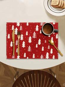 1 pieza Camino de mesa impreso con patrón de árbol de Navidad, 4/6/8 piezas Individuales impresos con patrón de árbol de Navidad, adecuados para fiestas, cumpleaños, cenas, cocina, comedor, decoración del hogar y la habitación para todo el año, decoración de mesa