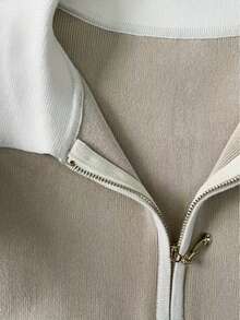 女士优雅通勤款，简约针织上衣，半拉链撞色口袋拉链设计，街头风，百搭简约短袖针织衫，夏季户外服饰 - 卡其色 - 查看 5