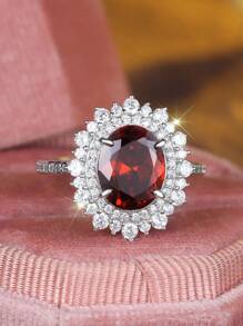 1pc Elegant S925 Silver Red Cubic Zirconia Ring, Luxurious & Personalized Design, Suitable For Wedding, Engagement, Party Wear