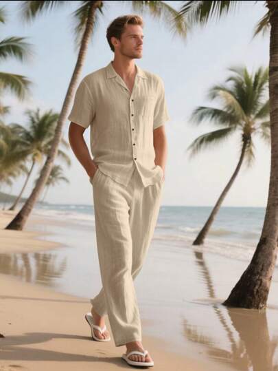 Costum de vară pentru bărbați, cu guler subțire, deschis în față, scurt și pantaloni de plajă casual din in, ținute confortabile
