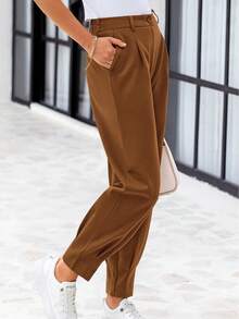 tooluck Women's High Waisted Ankle Length Trousers Slacks With Pockets Brown - 棕色 - 查看 2