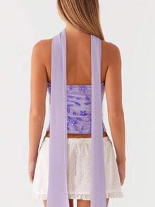 Women Y2K Sequin Tube Top With Neck Scarf Sparkly Floral Bandeau Cami Pearl Embellished Glitter Rhinestone Going Out Shirt - 紫色 - 查看 2