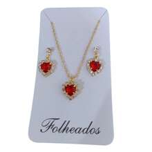 Set Of Chain With Pendant + Gold Plated Earring Heart Stones Studs Latest Release - 紅色 - 查看 2
