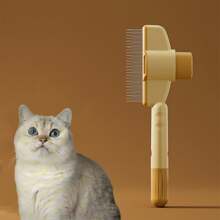 1pc Self-Cleaning Cat Brush - Stainless Steel Dual Length Flea Comb & Deshedding Tool With One-Click Release Button, Rust-Resistant Light Beige, Removes Loose Hair & Prevents Shedding, Ergonomic Handle Design, Medical-Grade Stainless Steel Material