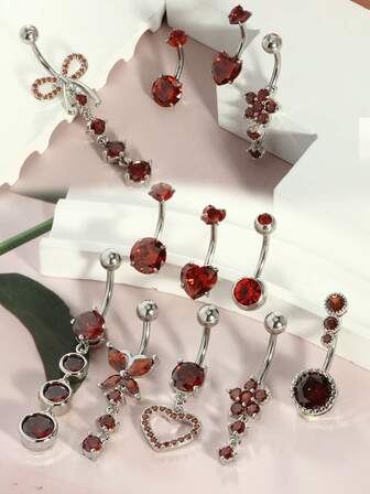 1pc Dangle Belly Button Ring Red Navel Piercing Jewelry Butterfly Heart Flower Belly Button Piercings Dangling For Women 14G Summer Beach Jewelry