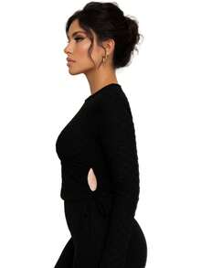 Top Crop con Textura de Relieve y Detalle Fruncido Lateral – Estilo Moderno y Versátil en Varios Colores para Looks Casual o Chic - Negro - Ver 2