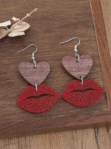1 Pair Red Acrylic Lip & Wooden Heart Drop Earrings, Fashion Minimalist Daily Matching Jewelry