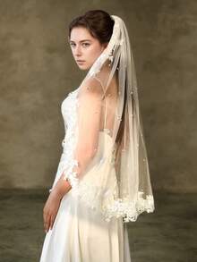 1pc Lace Trim, Mid-Length, Faux Pearl Wedding Bridal Veil Accessory - Multicolor - View 2