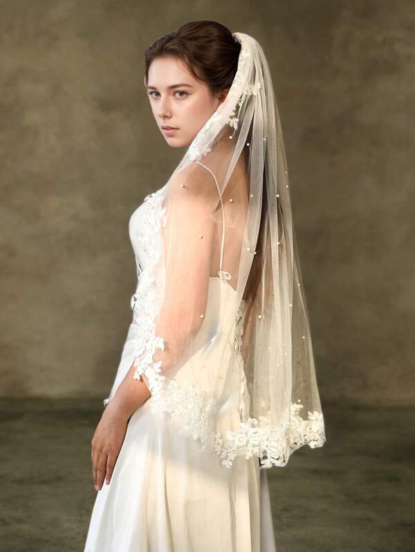 1pc Lace Trim, Mid-Length, Pearl Wedding Bridal Veil Accessory