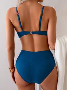 Summer Solid Color Sexy Elegant Bohemian Style Spaghetti Strap Sweet Bikini Swimsuit Beach Holiday 2 Pieces Set