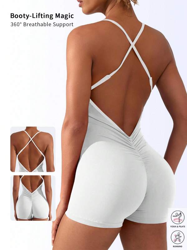 6pecil 1 Piece Of One-Piece Yoga Jumpsuit With Removable Chest Pad Cross Beautiful Back Peach Fitness Sports Jumpsuit Elastic Five-Point Shorts For Women