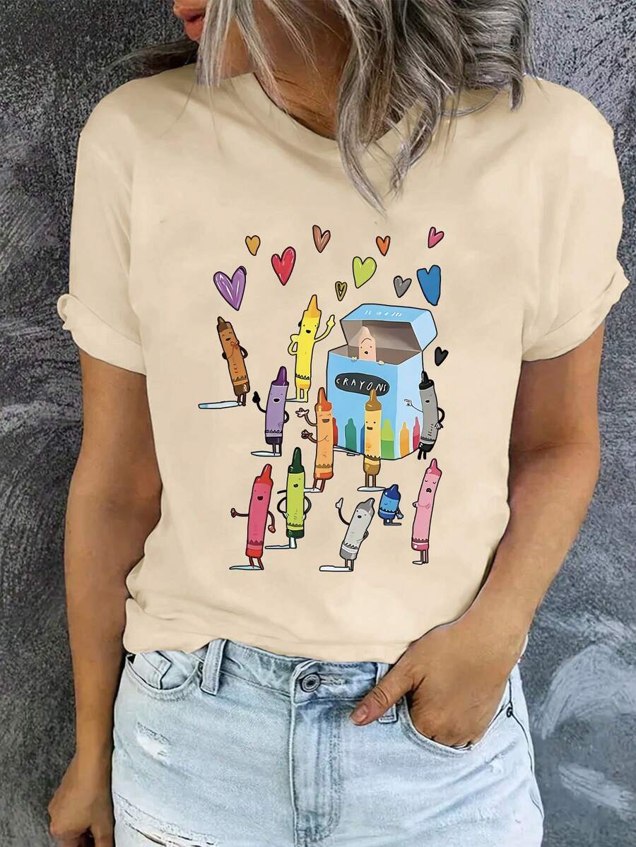 Camiseta de mujer de manga corta con cuello redondo y estampado de patrón de crayones de colores - Regalo para profesores