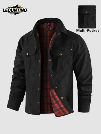 LEDUNTINO [Spring/Summer] Men's Fashion Cargo Jacket, Sports, Solid, Plaid Design, Long-Sleeved, Men Spring Fall Shirt, Lapel, Button, Flap Pockets, Fashionable And Versatile, Perfect For Outdoor And Commuting, Ideal Gift For Boyfriend Or Husband