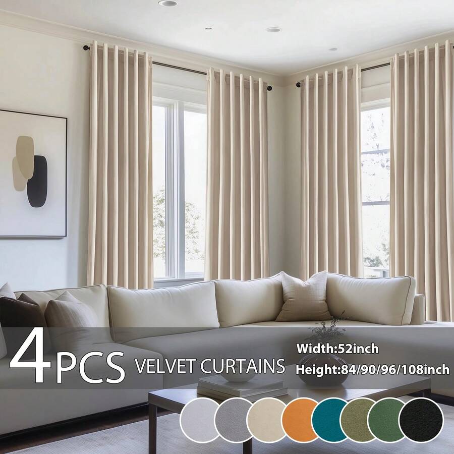 4 Panels Velvet Curtains Blackout Thermal Insulated Rod Pocket Drapes For Bedroom Living Room , Super Soft Velvet Drapes For Bedroom Living Room Thermal Insulated Window Drapes Machine Washable - 米色 - 查看 1