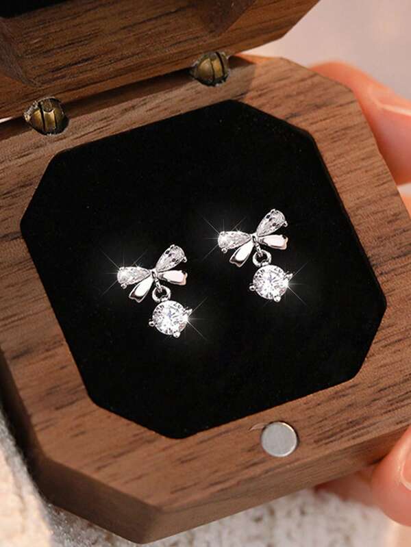 2pcs Bow Knot Dangle Earrings Teens Girls Cubic Zirconia Silver Plated Earrings Graduation Party Birthday Daily Wear Jewelry Gift For Daughter BBF Girlfriend