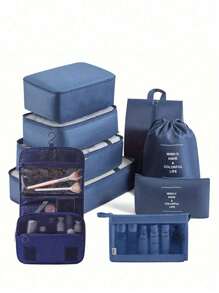Set organisateur de voyage 9-en-1. Sacs de rangement de grande capacité, organisateurs de bagage pour vêtements, sous-vêtements, chaussures, cosmétiques, articles de toilette. Convient pour les chemises, sous-vêtements, vêtements, maquillage, rouge à lèvres, ombre à paupières, fond de teint, éponge, pinceaux, brosse à dents, dentifrice, nettoyant pour le visage, etc. Idéal pour les voyages, l'hôpital, le dortoir, l'école, les vacances, les fournitures scolaires.