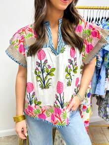 Boho Tops For Women Y2k Vintage Floral Short Sleeve Crop Top Fly Sleeve Floral Ruffle Shirts Out Going Peplum Oversized Loose Fit Blouse Streetwear Beach Vacation Clothes - 粉色 - 查看 2