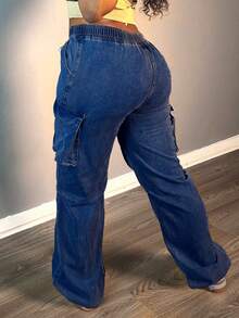 Women's Straight - Leg Denim Jeans: Featuring Drawstring And Multiple Pockets, Suitable For Various Daily Occasions - Rửa tối - Xem 5