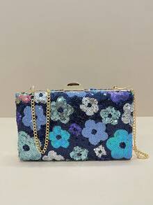 Asymmetrical Floral, Shiny Sequin Flower, Sparkling Elegant Refined Vintage Floral Pattern Clutch Bag, 2025 Evening Bag, Party Girl Night Bag, Suitable For Women, Perfect For Party, Wedding, Prom, Banquet/Gala, Best Gift For Her - Navy Blue - View 3