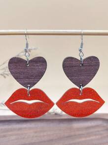 1 Pair Red Acrylic Lip & Wooden Heart Drop Earrings, Fashion Minimalist Daily Matching Jewelry