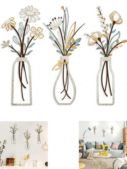 3 Pcs- Wall Sign Decoration,Metal Flowers Wall Arts , Minimalist Iron Flower Vase Wall Art, Metal Wire Decoration, Rustic Farmhouse Decor Beige Minimalist Flower Wall Decors For Living Room Bathroom Bedroom Dining Room-Housewarming Gifts Room Decor Bedroom Decor Home Decor