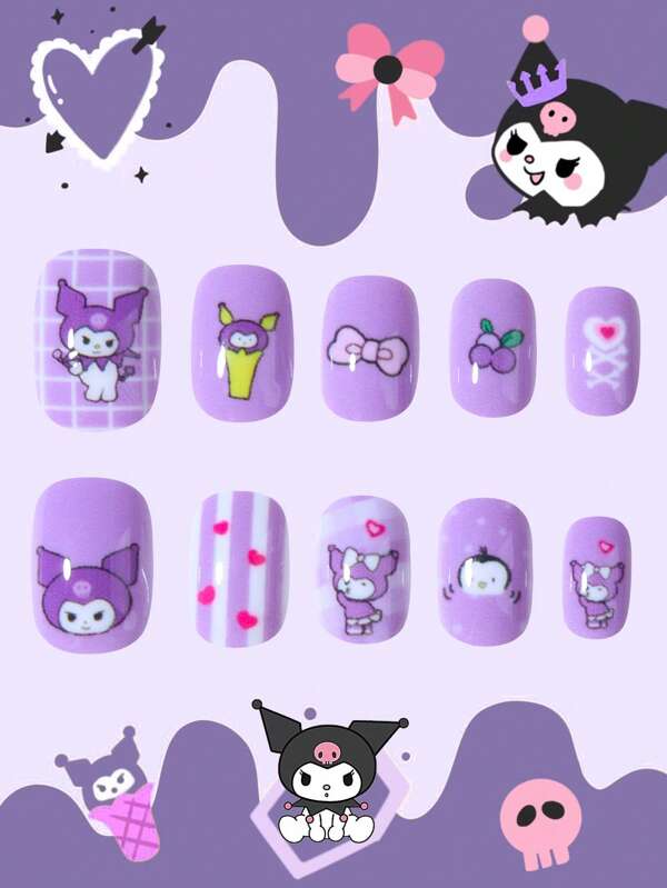Sanrio بصمات أظافر سانريو هالو كيتي 24 قطعة قصيرة مربعة أسلوب فرنسي ، قوالب أظافر كويورومي 3D الجميلة ، يمكن لصقها ، تركيب مثالي ، مجموعة أظافر اكريليك صناعية لفتاة وطفل لاستخدام اليومي واستخدام التجمعات العائلية ، بطراز بناتي وردي، أظافر صيفية وربيعية.