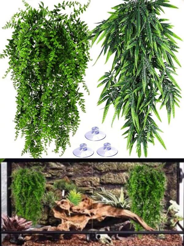 Plantas para répteis de 32 polegadas, lagartos, lagartixas, decoração de habitat, dragões barbudos, tartarugas, hamsters, cobras, caranguejos eremitas, plantas trepadeiras - com ventosas, adequadas para: recipientes de vidro - aquários - acessórios para caixas de reprodução