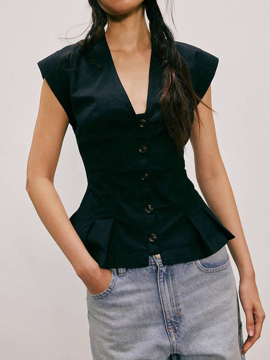 Women Y2k Button Shirt Tie Lace Patchwork Cap Sleeve Ruffle Blouse Top Fairy Going Out Top Beachwear - 黑色 - 查看 1