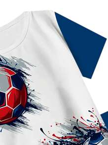 2pcs/Set Toddler/Little Boys' Casual 3D Football Print Loose Fit Round Neck T-Shirt And Shorts Outfit, Comfortable For Outdoor Sports & Running
