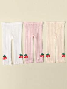 3pcs Girls 3D Cherry Decor Solid Color Breathable Cropped Leggings, Suitable For Daily Wear All Season - Multicolor - View 1