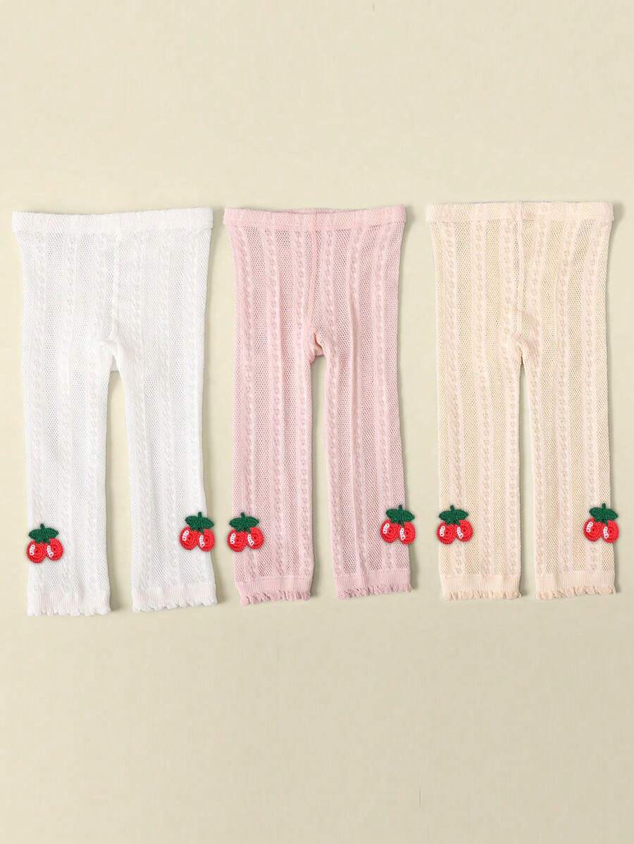 3pcs Girls 3D Cherry Decor Solid Color Breathable Cropped Leggings, Suitable For Daily Wear All Season - Multicolor - View 1
