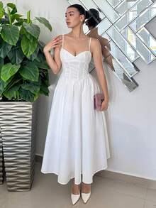 Andrea Bello Damen einfarbiges weißes Spaghettiträger einfaches Lässig Maxikleid - Weiss - Übersicht 2