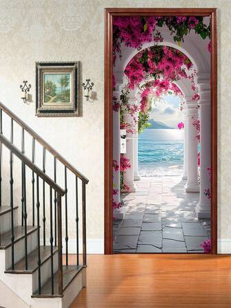 1 pezzo Adesivo da parete rimovibile moderno - Colonnato bianco con fiori rosa, cartellone d'arte astratta per decorazioni da parete della camera da letto, design vista costiera tranquilla, decorazione in carta facile da installare per decorazione della casa, adesivi personalizzati