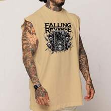 Falling Reverse Rock Dark Art Oversized Cotton Long Sleeve Tank Top - Gold - View 3