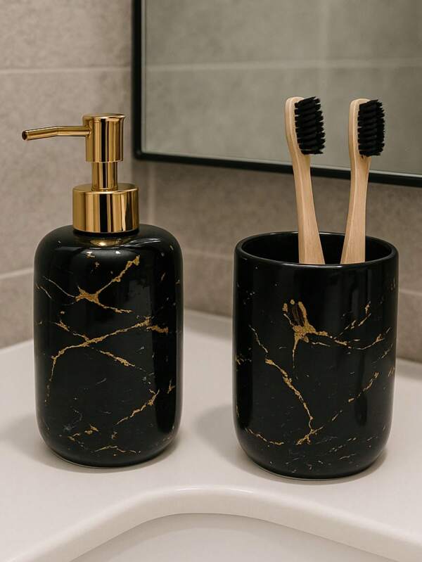 Kit Acessórios De Banheiro Lavabo 2 Peças Cerâmica Porta Escova e Porta Sabonete Líquido 300ml Preto com Dourado
