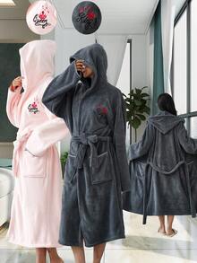 1pc Polyester Bathrobe (Size L) Unisex, Embroidered, Autumn/Winter Home & Bathroom Long Robe, Solid Color Coral Fleece Soft & Absorbent Microfiber, Suitable For Home, Bathroom, Pool, Dormitory - Multicolor - View 4