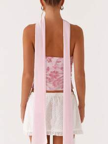 Women Y2K Sequin Tube Top With Neck Scarf Sparkly Floral Bandeau Cami Pearl Embellished Glitter Rhinestone Going Out Shirt - 粉色 - 查看 2