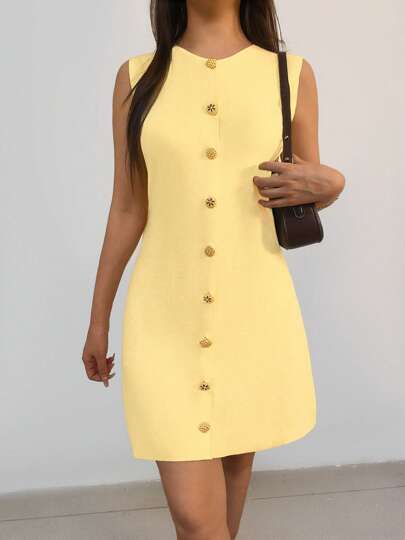 Women's Spring And Summer New Women's Pullover Dress Simple Casual Vacation Style Solid Color Cardigan Dress College Style Cream Yellow Graduation Dress