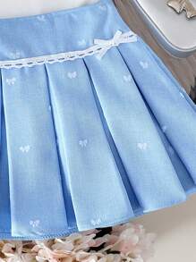 2pcs/Set Young Girl Fashionable Sleeveless Collar Top & Pleated Lace Trim Skirt Set, Summer