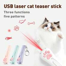 猫激光笔，USB 充电三合一猫玩具棒，互动式可充电红色激光笔，带 5 种可切换图案的猫追逐玩具猫逗猫棒，多模式投影照明，卡通设计适用于淘气猫和狗的互动玩具，室内多功能玩具